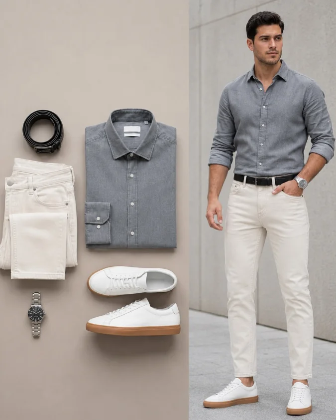 Slate Gray Linen & Ecru Denim - Breezy Office Core