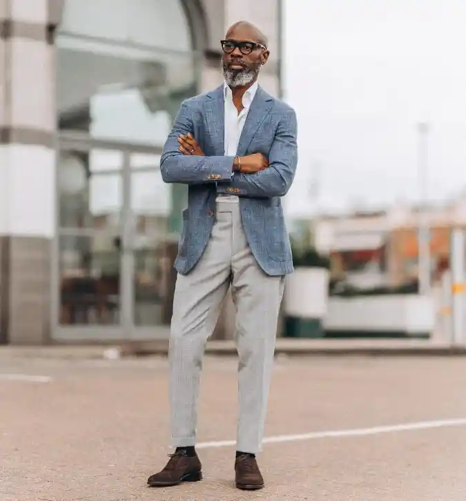 Soft-Tailored Blue Blazer & Grey Trousers - Seasonal Ease for Modern Occasions