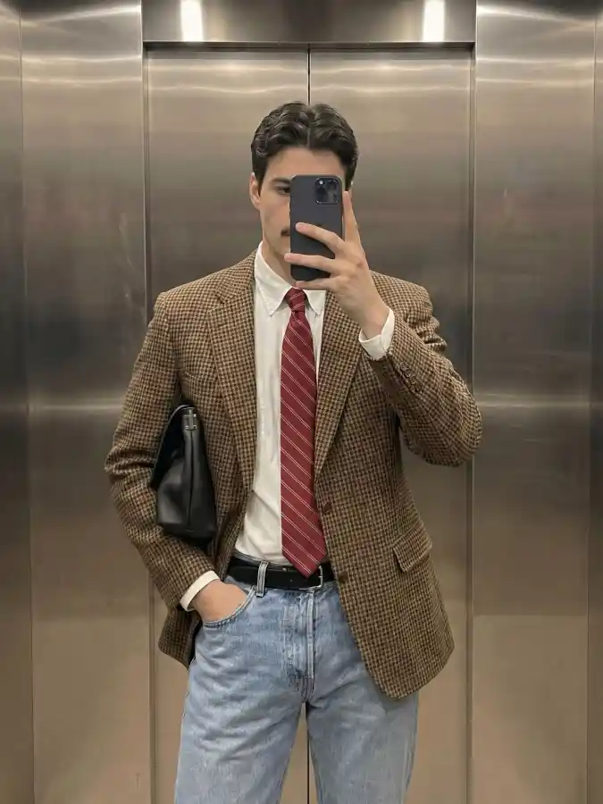 Spiced Red Tie, Soft-Tailored Blazer – Preppy 'Hire Me' Energy