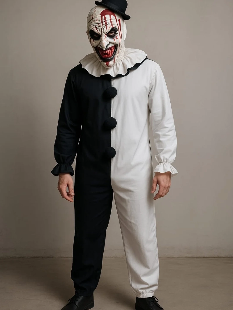 Split Black-and-White Clown Jumpsuit with Ruffled Collar and Tiny Top Hat