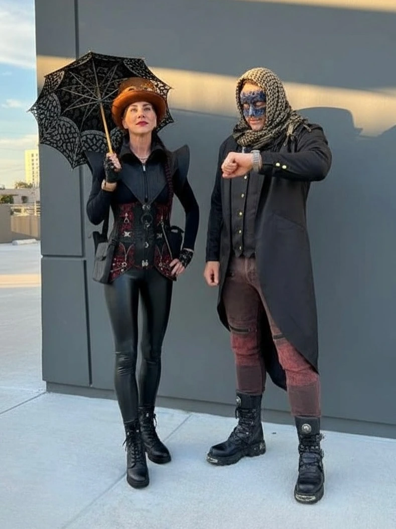 Steampunk Couple with Black Tailcoat, Patterned Scarf, and Combat Boots
