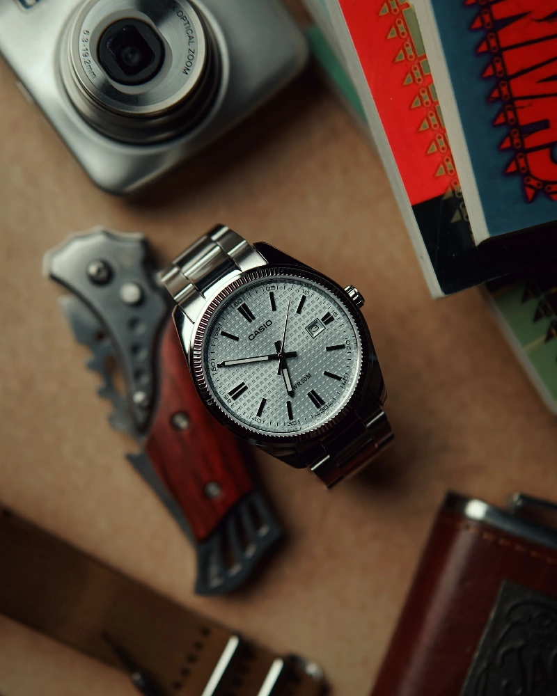 Steel Watch with Textured Silver Dial and Fluted Bezel