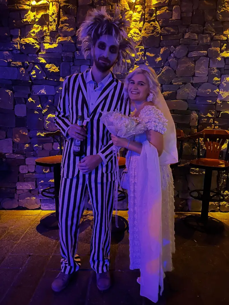 Striped Beetlejuice Suit and Lace Wedding Dress