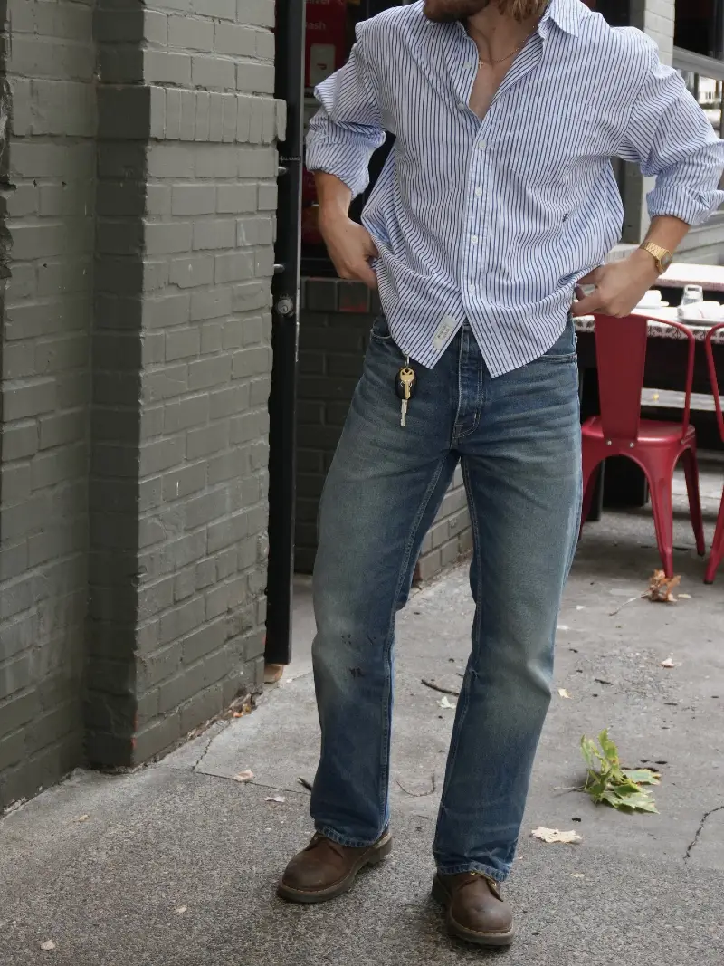 Striped Button-Down Shirt with Faded Denim and Brown Leather Shoes