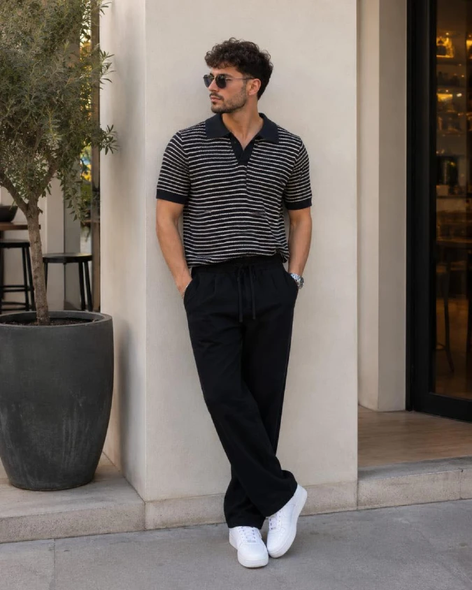 Striped Knitted Polo and Relaxed Trousers – Dark Academia Comfort in the Heat