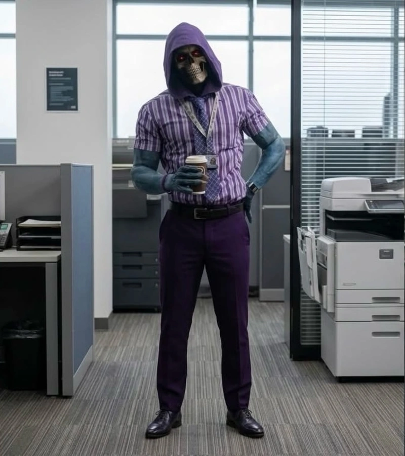 Striped Purple Short-Sleeve Shirt with Purple Trousers and Cowl Hood