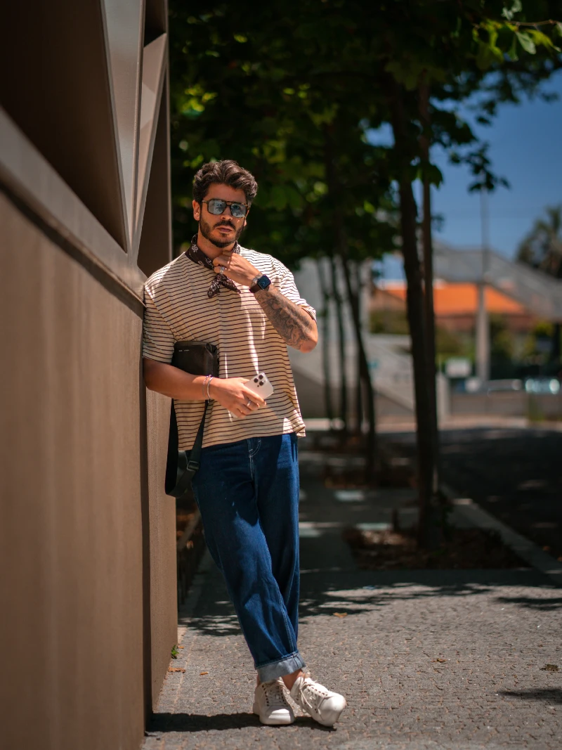Striped Relaxed Tee with Dark Wash Jeans and Neckerchief