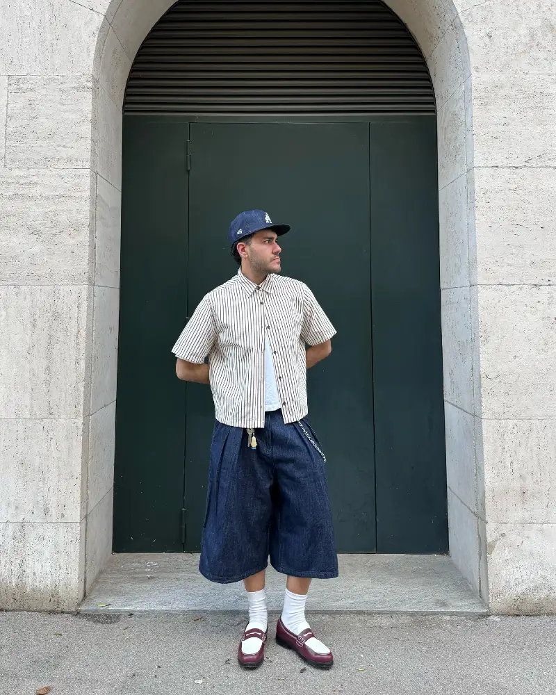 Striped Short-Sleeve Button-Down with Pleated Baggy Denim