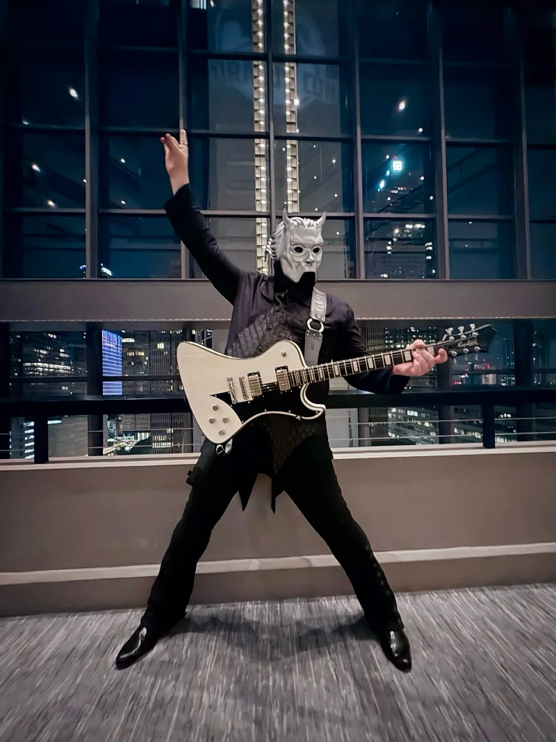 Tailored Black Ghoul Suit with White Electric Guitar and Patent Boots