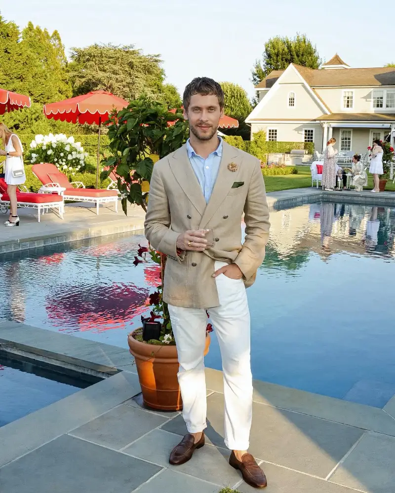 Tan Double-Breasted Linen Blazer with White Jeans and Brown Loafers