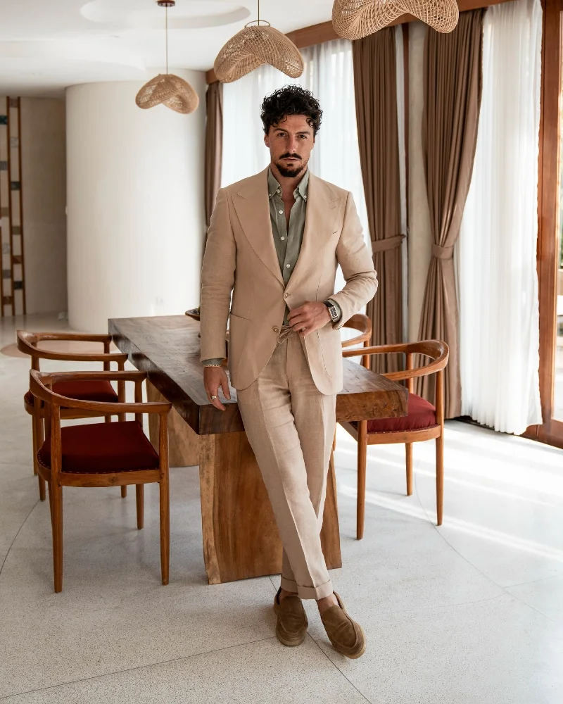 Tan Linen Suit with Drawstring Trousers and Olive Shirt