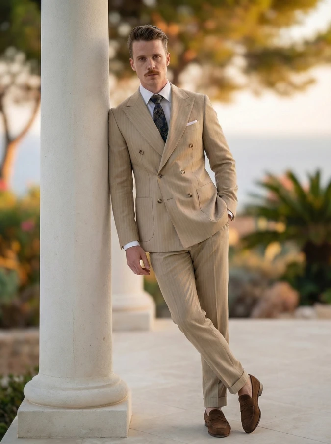 Tan Relaxed-Fit Double-Breasted Suit - Summer Office Core