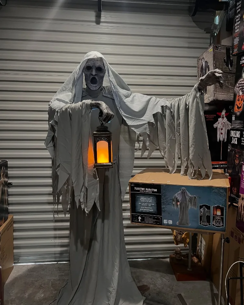 Tattered Ash Grey Phantom Shroud with Weathered Cowl and Glowing Lantern