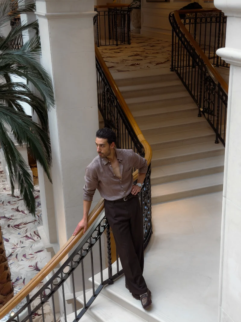 Taupe Linen Shirt with Dark Brown Pleated Trousers and Suede Loafers