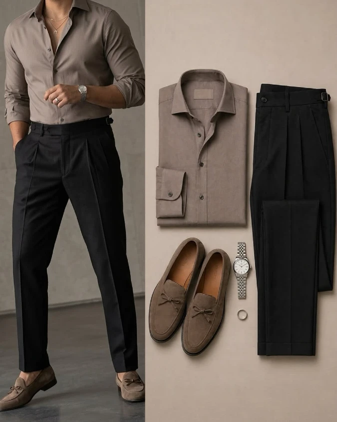 Taupe and Black Pleated Set - Redefining Office Cool