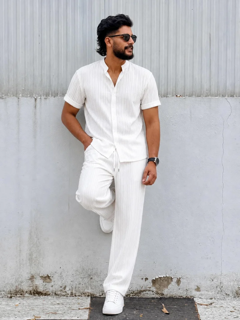 Textured Band Collar Shirt with Matching Trousers and White Sneakers