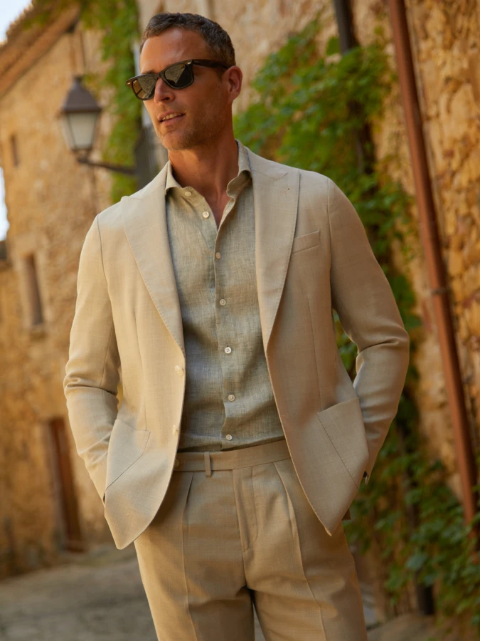 Textured Beige Soft-Tailored Suit - Breathable Smart-Casual Elegance