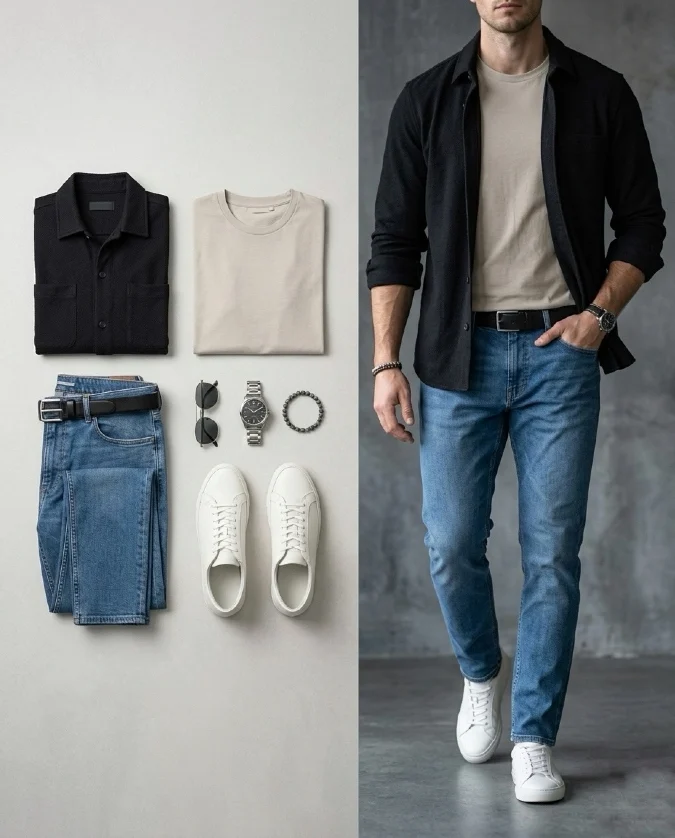 Textured Black Overshirt and Earth Tones - Effortless Summer Date Style