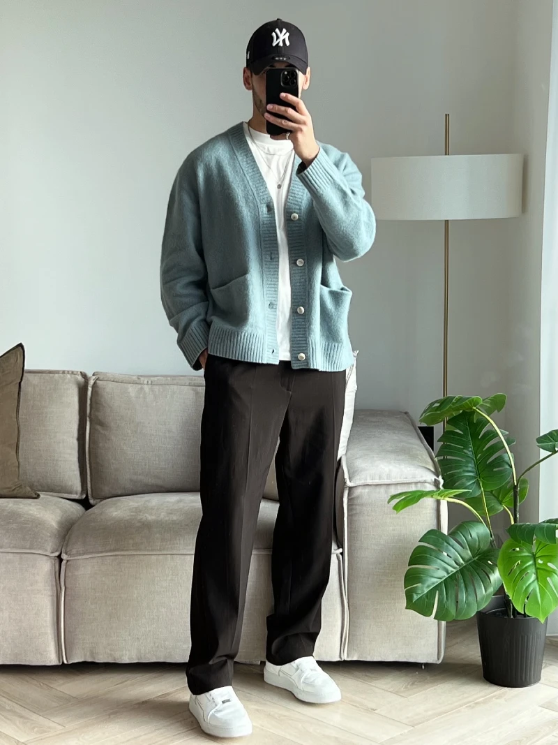Textured Blue Cardigan over White Tee with Dark Trousers