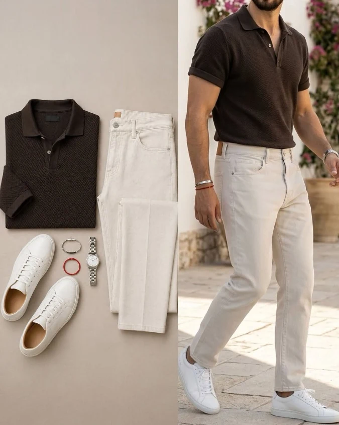 Textured Chocolate Knit & Ecru Denim - The Smart-Casual Hybrid