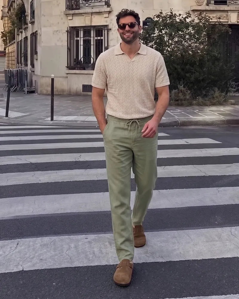 Textured Cream Knit Polo with Olive Drawstring Trousers and Suede Mules