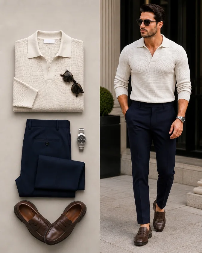 Textured Cream Polo & Navy Trousers - Breathable Corporate