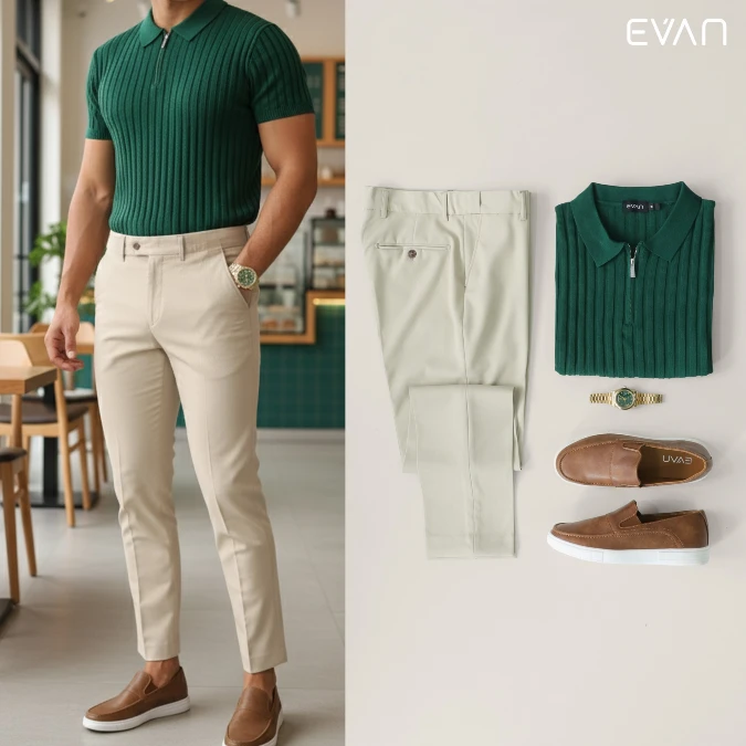 Textured Forest Green Slim-Fit + Hybrid Office Core - Elevating [ Summer Polo Shirt Outfits for Men That Are Clean and Classic ]