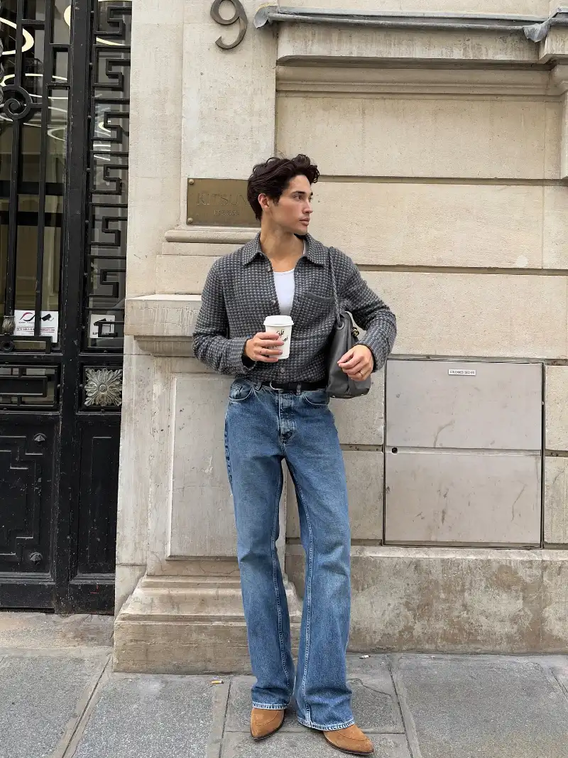 Textured Grey Overshirt with Relaxed Indigo Denim and Suede Boots