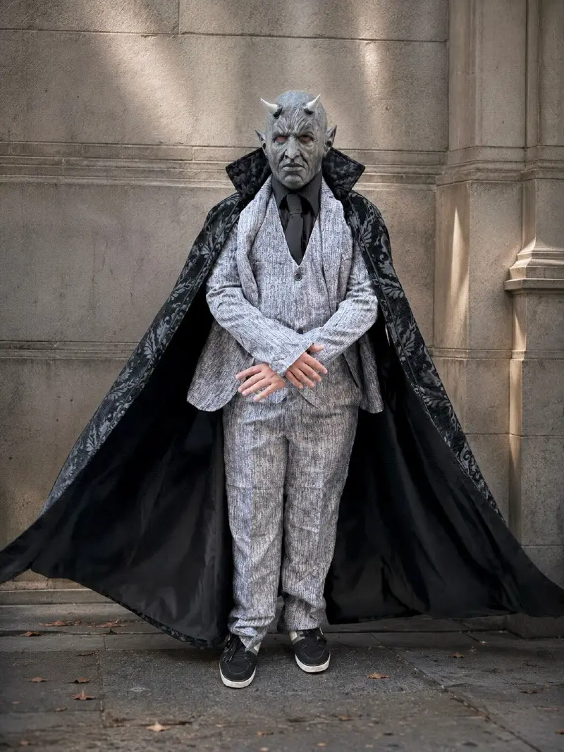 Textured Grey Three-Piece Suit with Patterned Black Cape and Horned Prosthetic