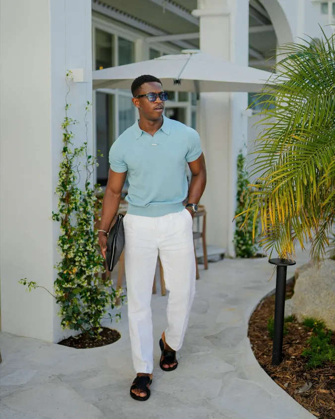 Textured Light Blue Knitted Polo and Relaxed White Trousers - Redefining Summer Date Night Outfits