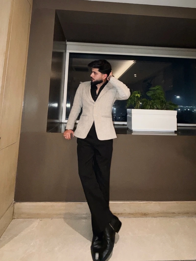 5. Pale Blue Double-Breasted Jacket with Crisp White Trousers