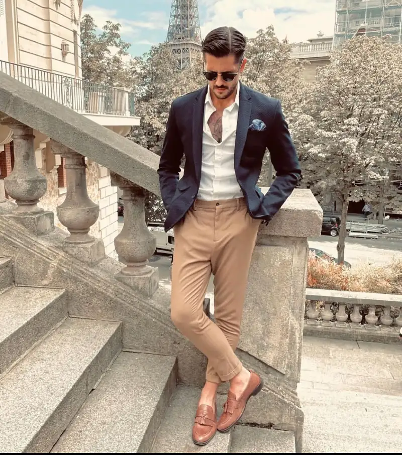 Textured Navy Blazer with White Shirt and Slim Camel Chinos