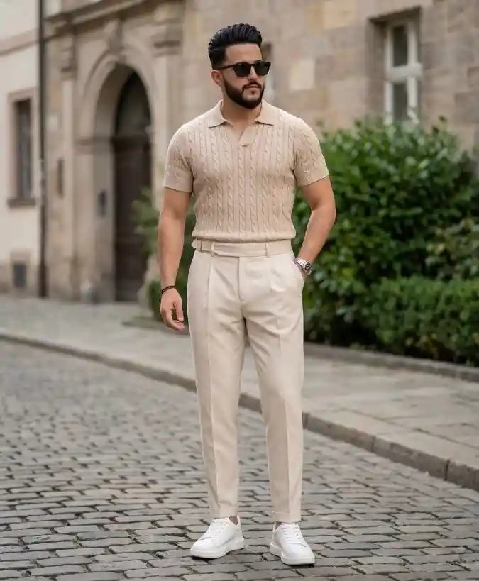 Textured Oatmeal Knit & Tailored Cream Trousers — Elevated Summer Smart-Casual