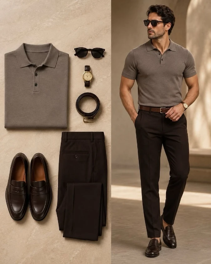 Textured Taupe Polo Tonal Brown Trousers – Refined Commuter Academia