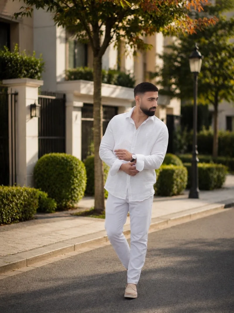 Textured Untucked Shirt with Slim Trousers and Beige Loafers