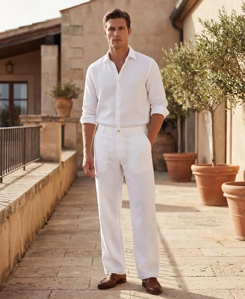 Tucked White Button-Down with Flat-Front Trousers and Brown Loafers