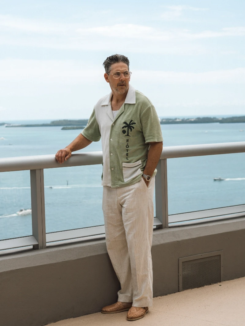 Two-Tone Green Camp Shirt with Textured Trousers and Huaraches