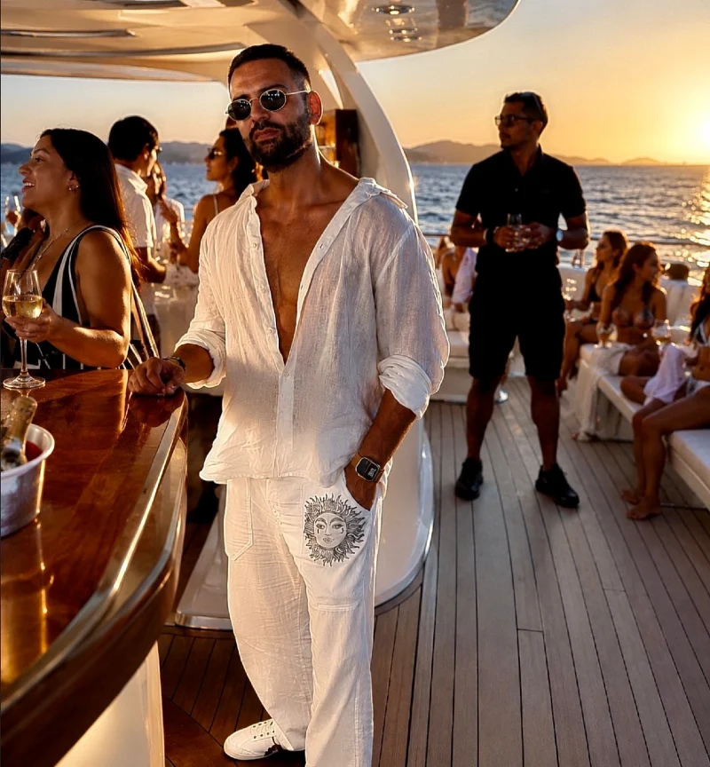 Unbuttoned White Linen Shirt with Graphic Trousers and White Sneakers