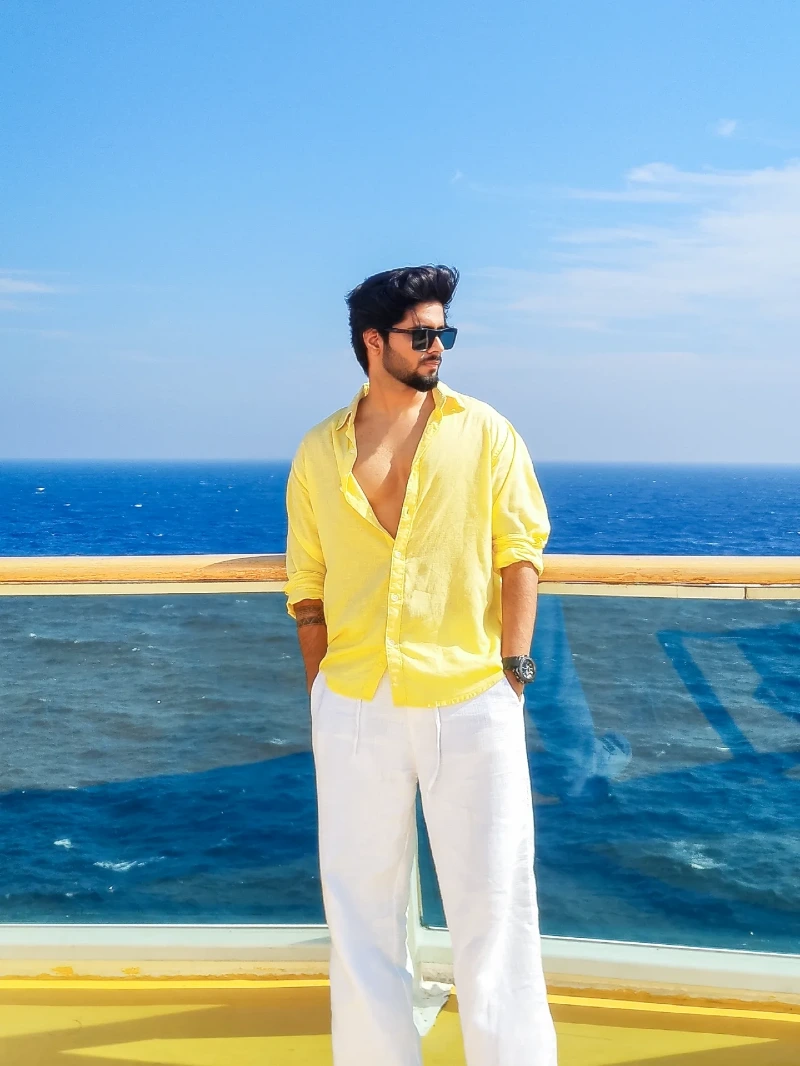 Unbuttoned Yellow Linen Shirt with Loose White Drawstring Pants