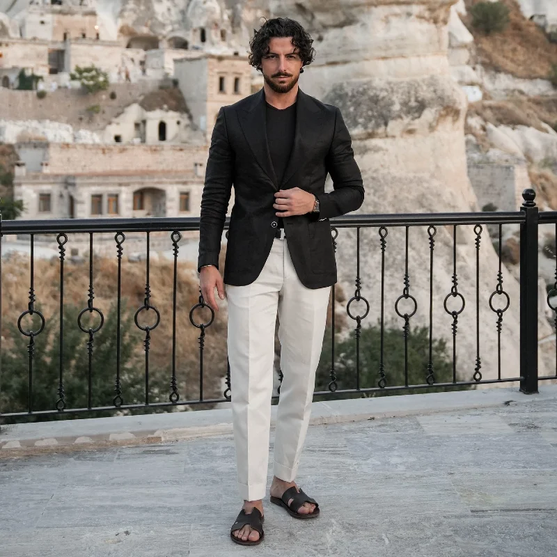 Unstructured Black Blazer with Cream Trousers and Leather Sandals