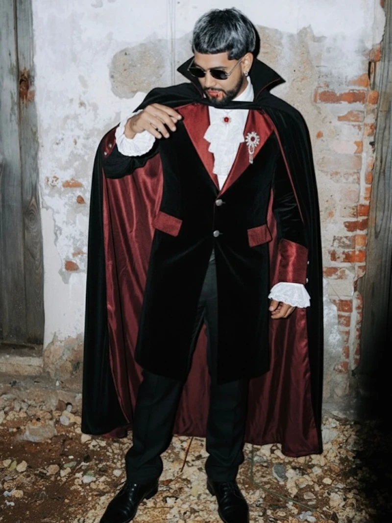 Velvet Phantom Frock Coat with Crimson Satin Cape and Ruffled Jabot
