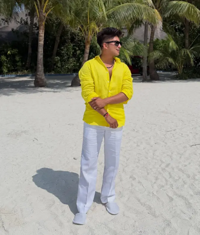 Vibrant Yellow Textured Linen and Relaxed White Trousers – Effortless Island Vacation Essentials