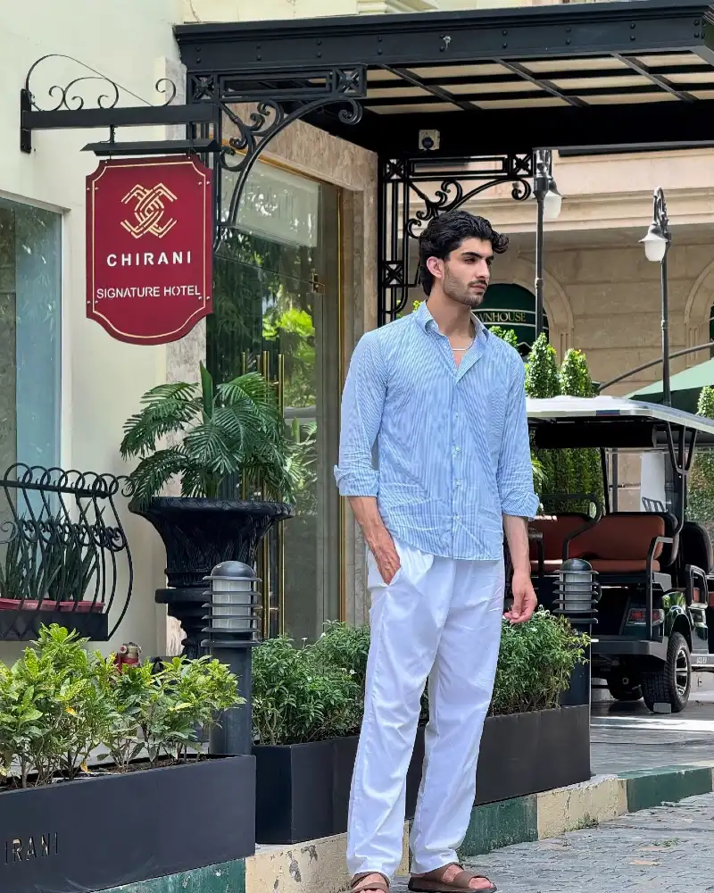 Washed Blue Striped Button-Down with White Trousers and Leather Sandals