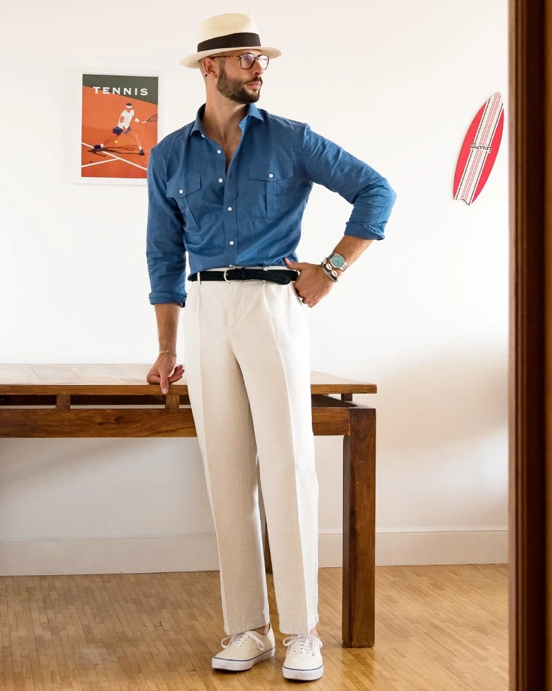 Washed Blue Utility Shirt with Cream Trousers and Canvas Sneakers