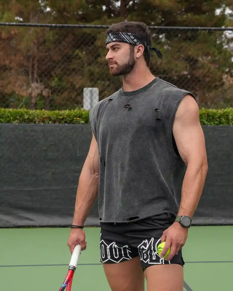 Washed Charcoal Tank & Graphic Training Shorts – Rugged Sportcore Style