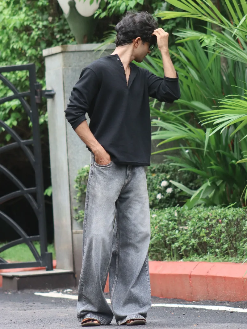 Washed Grey Wide Jeans with Black Henley and Leather Sandals
