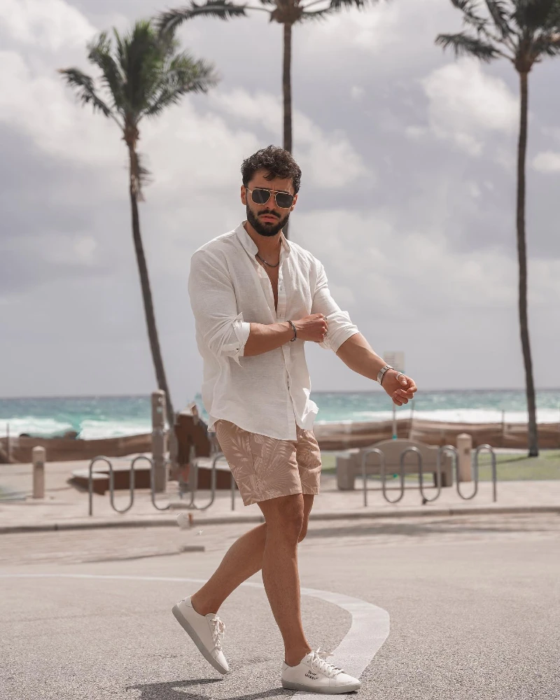 White Band Collar Linen Shirt with Tan Leaf Print Shorts