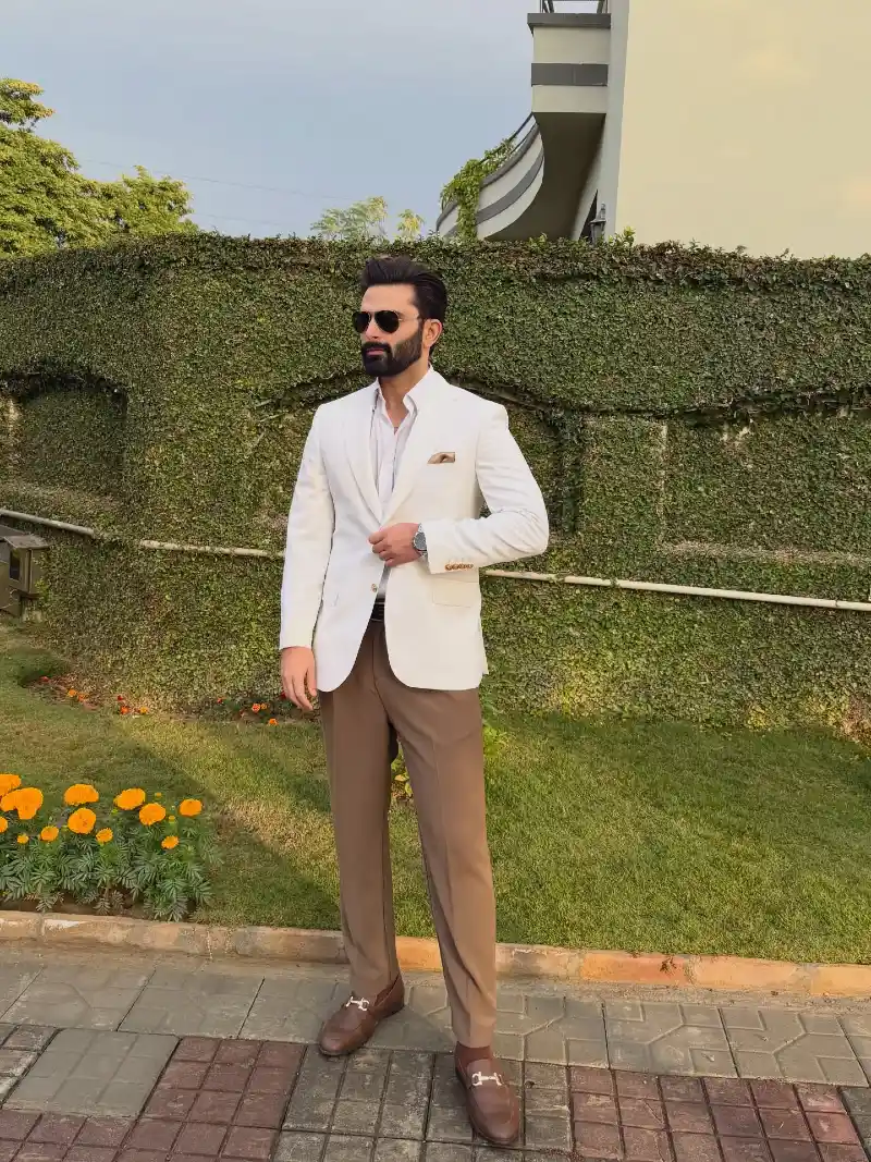 White Blazer and Taupe Trousers with Brown Leather Bit Loafers
