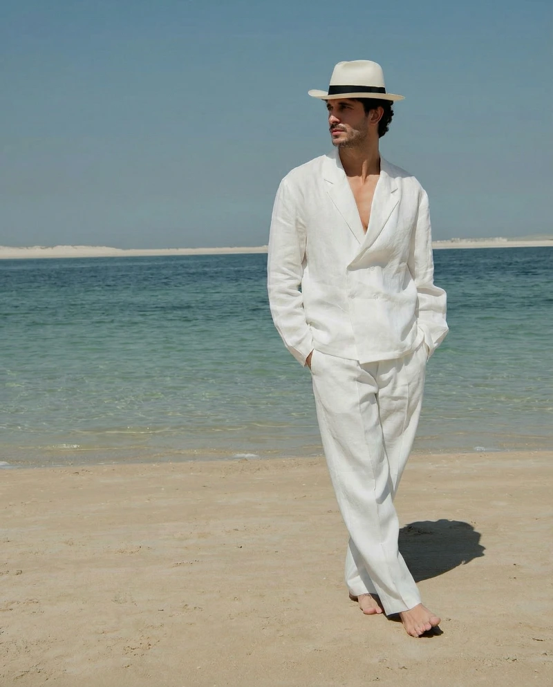 White Double-Breasted Linen Suit with Panama Hat