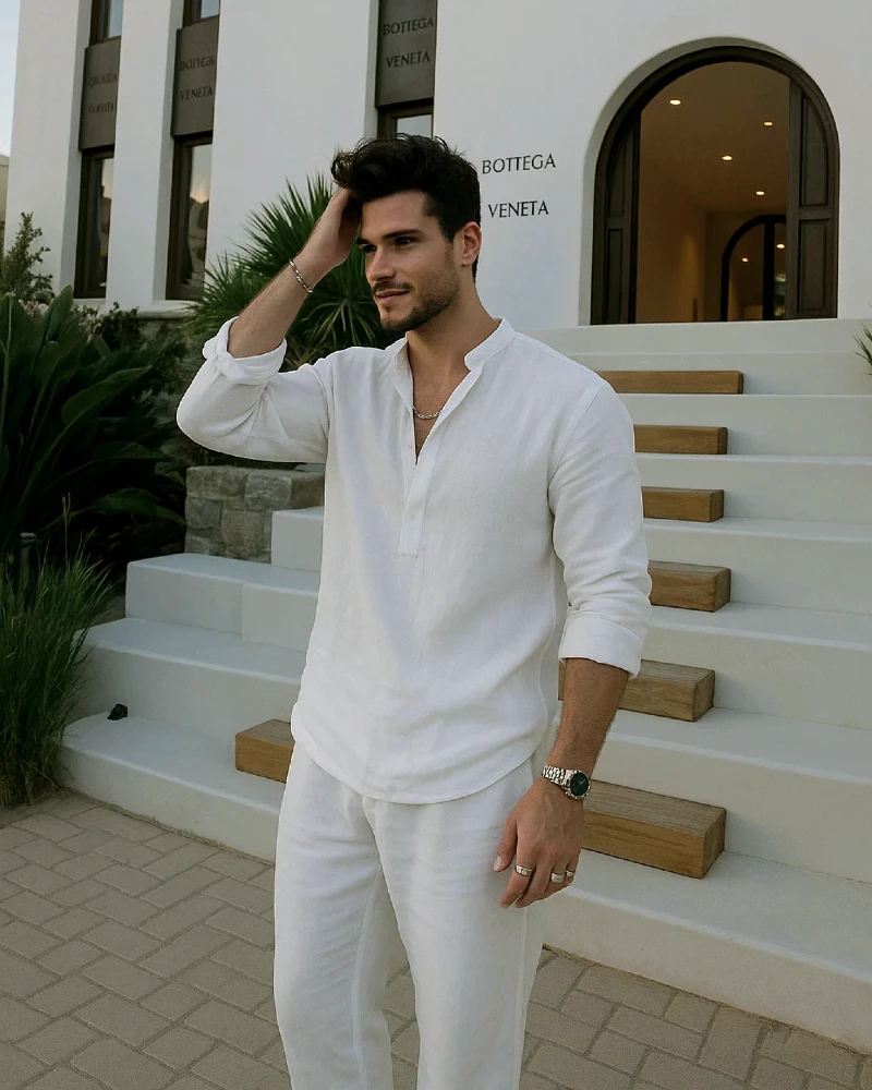 White Linen Band Collar Popover and Matching Trousers